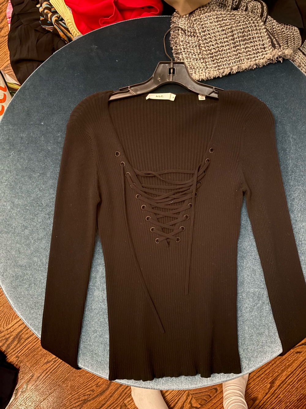 A.L.C. Black Ribbed Lace-Up V-Neck Sweater